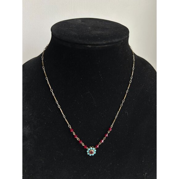 Vintage Liz Palacios BrassTone Red Blue Austrian Crystal Flower Necklace - Picture 2 of 9